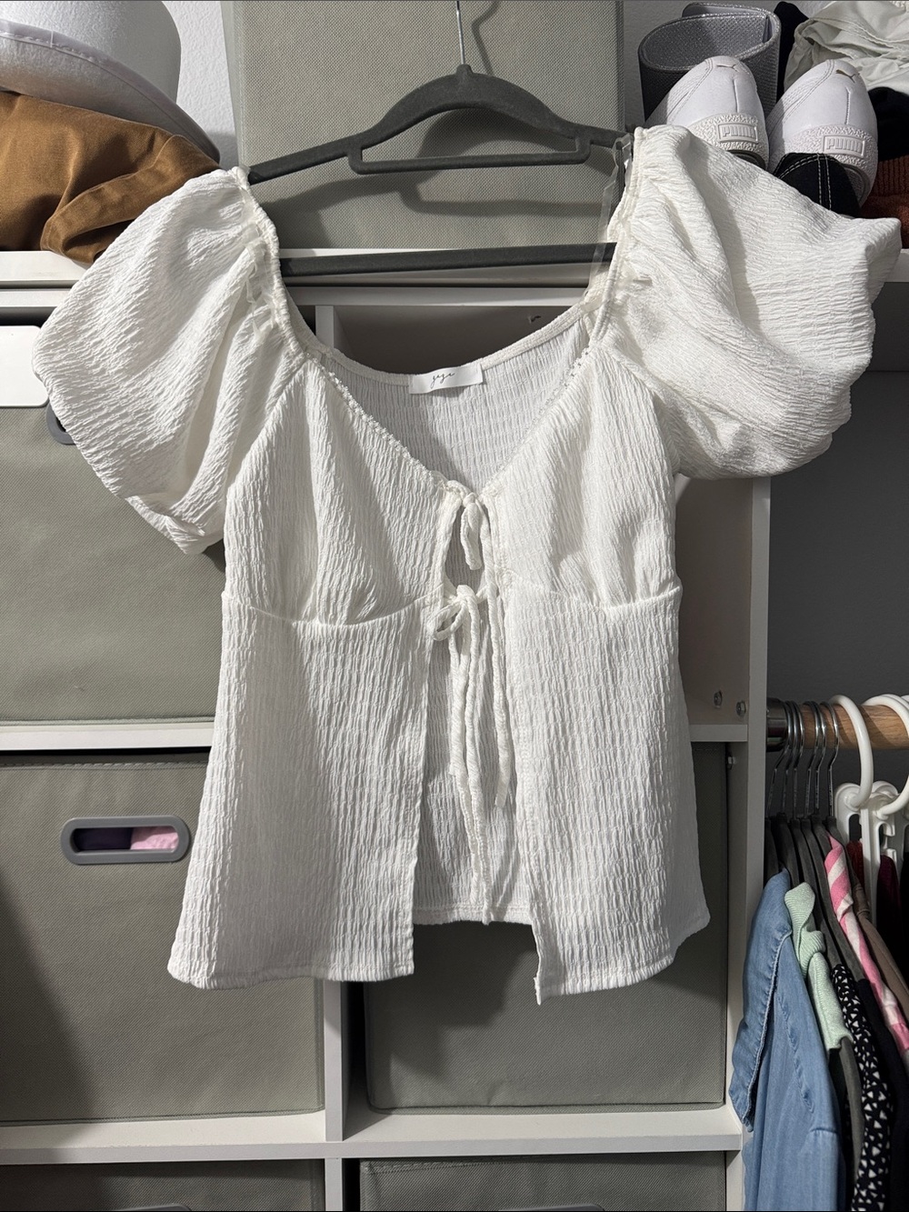 White Puff Sleeve Tie-Front Top